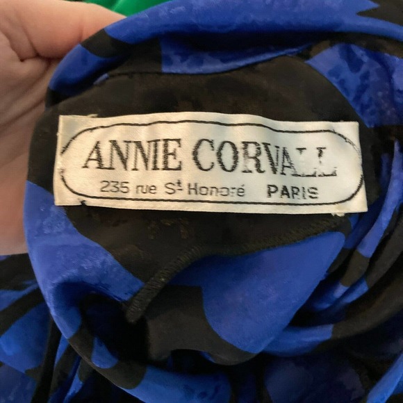 Annie Corvall Shirt Womens Sz 10 Vintage Blue Black Floral High Neck‎ Tie - Picture 5 of 9